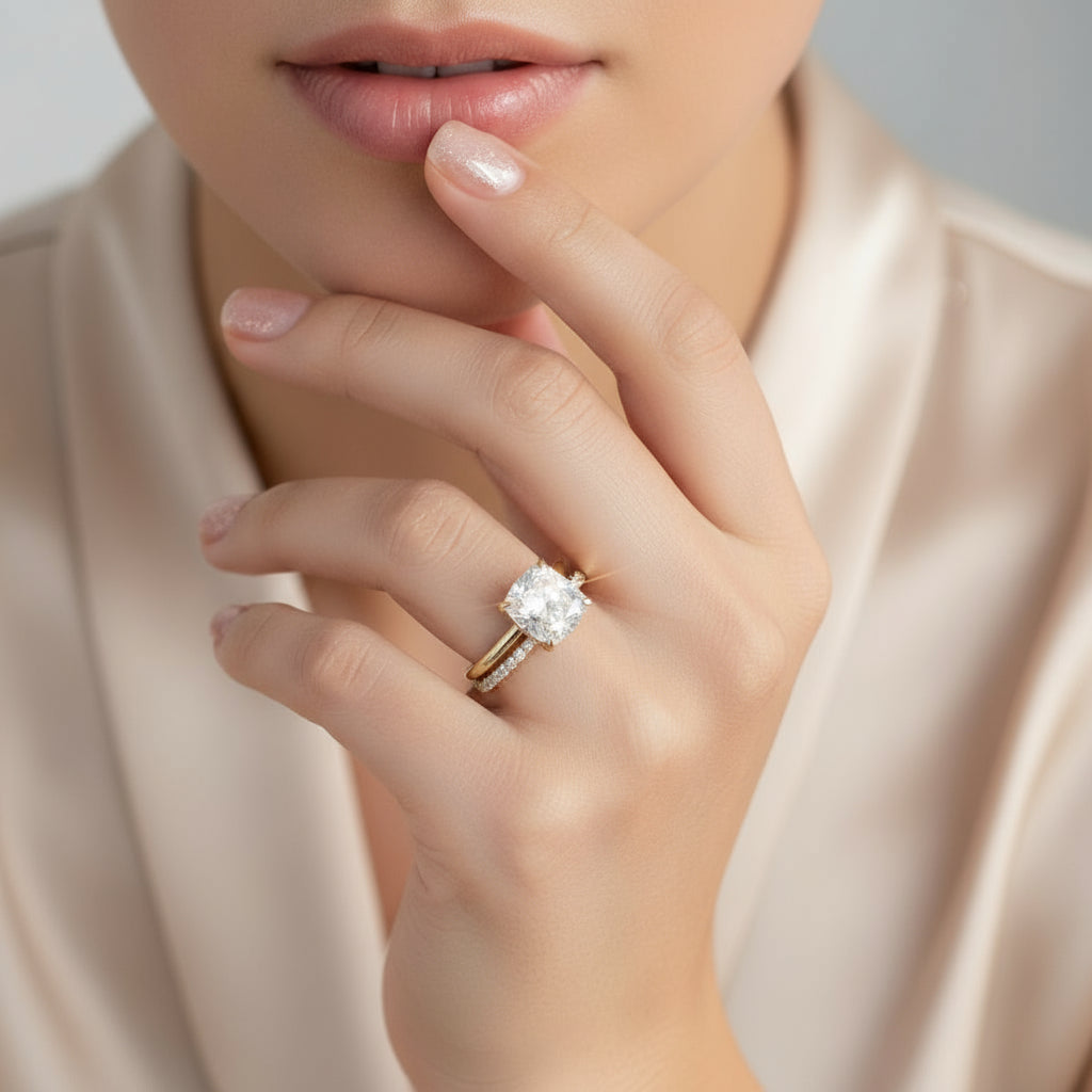 3.0ct 4 Prong Classic Yellow Gold Cushion Cut Bridal Ring-Black Diamonds New York