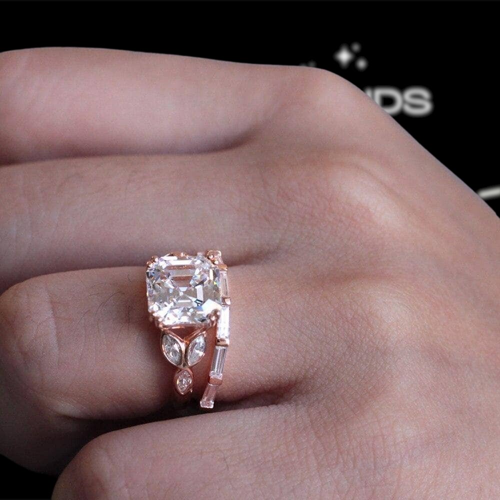 3.0CT Asscher Cut Moissanite 14k Rose Gold Engagement Ring Set-Black Diamonds New York