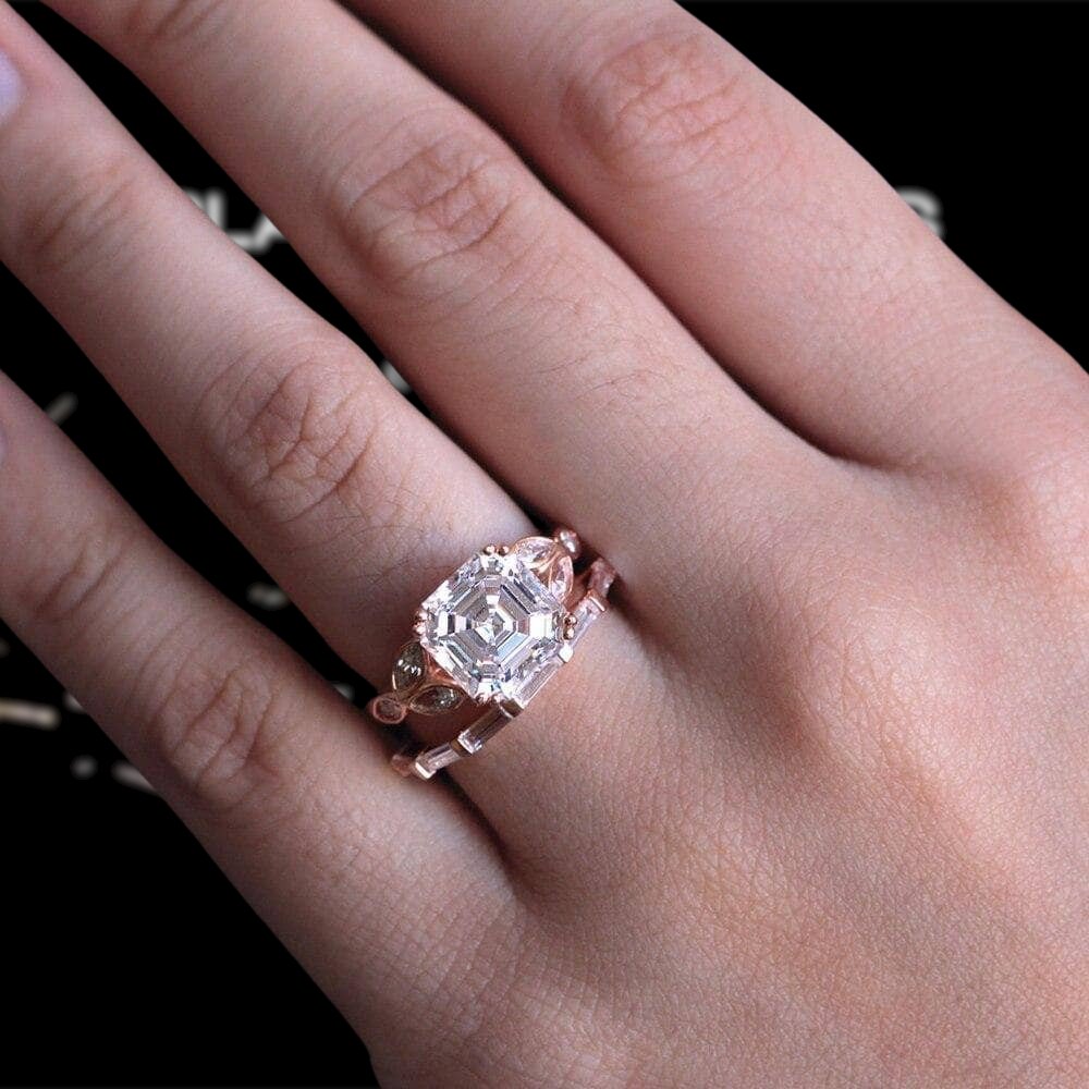 3.0CT Asscher Cut Moissanite 14k Rose Gold Engagement Ring Set - Black Diamonds New York