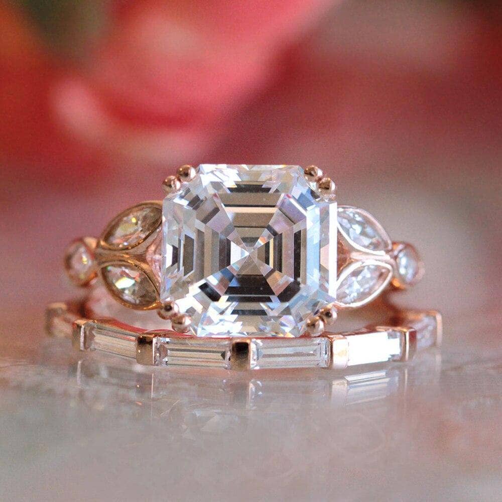 3.0CT Asscher Cut Moissanite 14k Rose Gold Engagement Ring Set