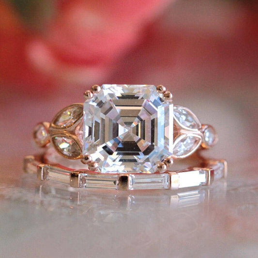 3.0CT Asscher Cut Diamond 14k Rose Gold Engagement Ring Set-Black Diamonds New York