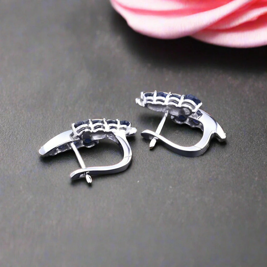 3.0Ct Blue Sapphire Gemstone Earrings-Black Diamonds New York