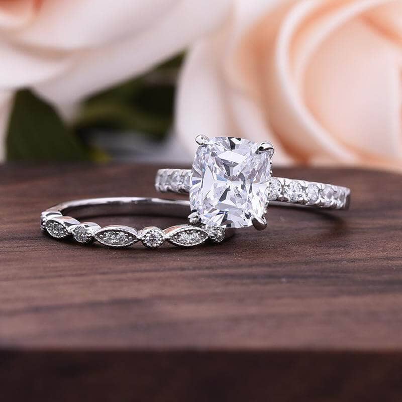 3.0ct Cushion Cut Simulated Diamond Wedding Ring Set - Black Diamonds New York
