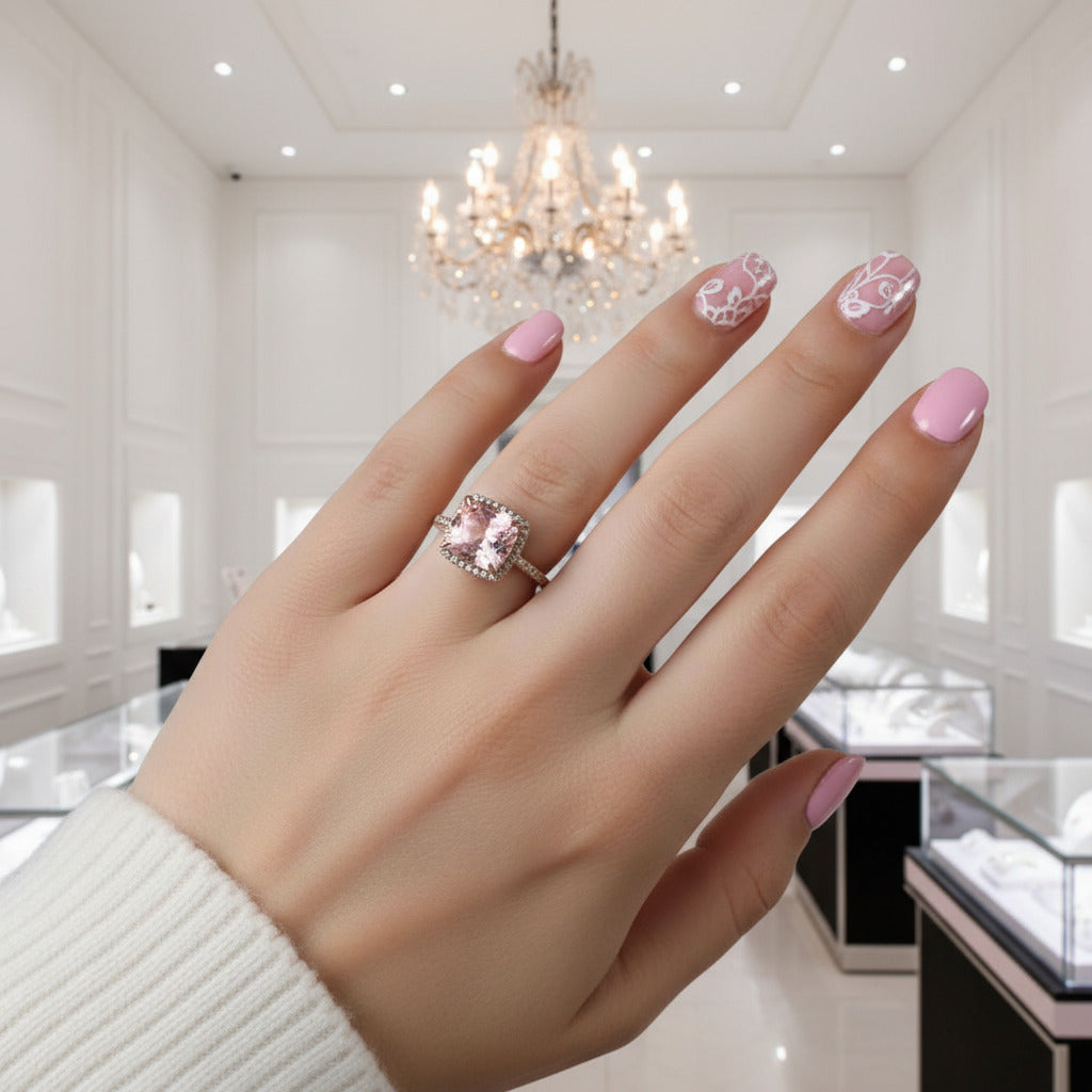 3.0ct Cushion Cut Morganite Halo Engagement Ring-Black Diamonds New York