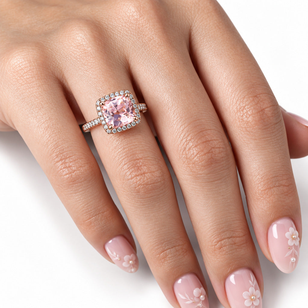 3.0ct Cushion Cut Morganite Halo Engagement Ring-Black Diamonds New York