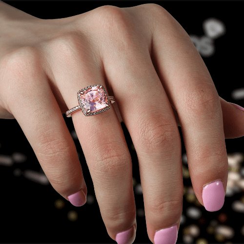3.0ct Cushion Cut Simulated Morganite Halo Engagement Ring - Black Diamonds New York