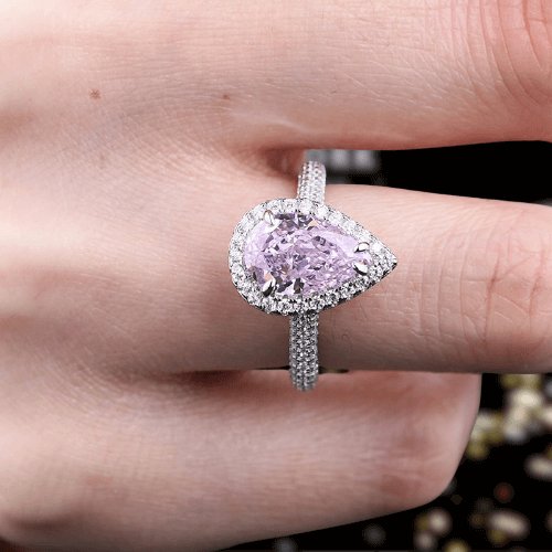 3.0ct Halo Pear Cut Sona Simulated Diamond Pink Sapphire Engagement Ring - Black Diamonds New York