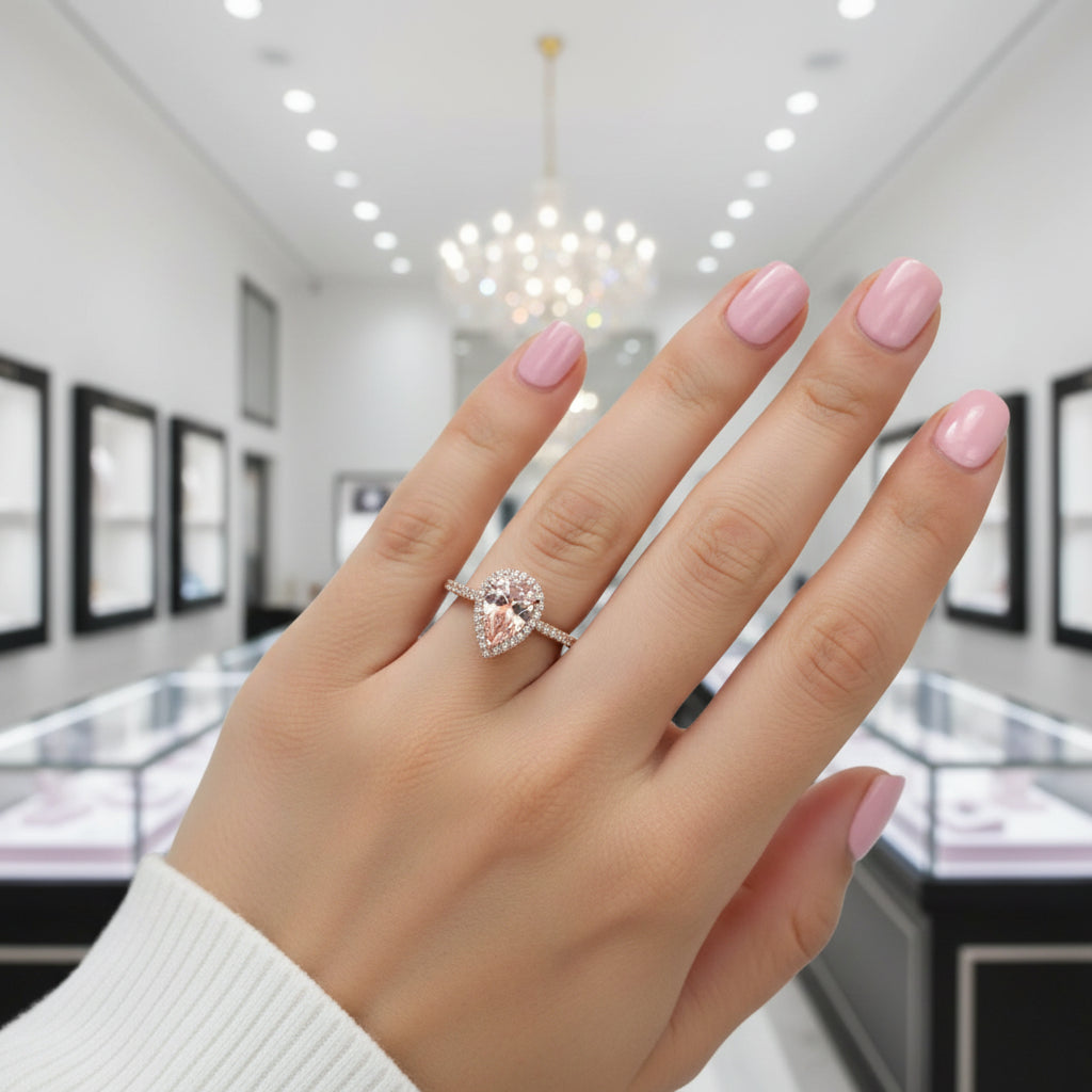 3.0ct Halo Pear Cut Synthetic Morganite Engagement Ring-Black Diamonds New York