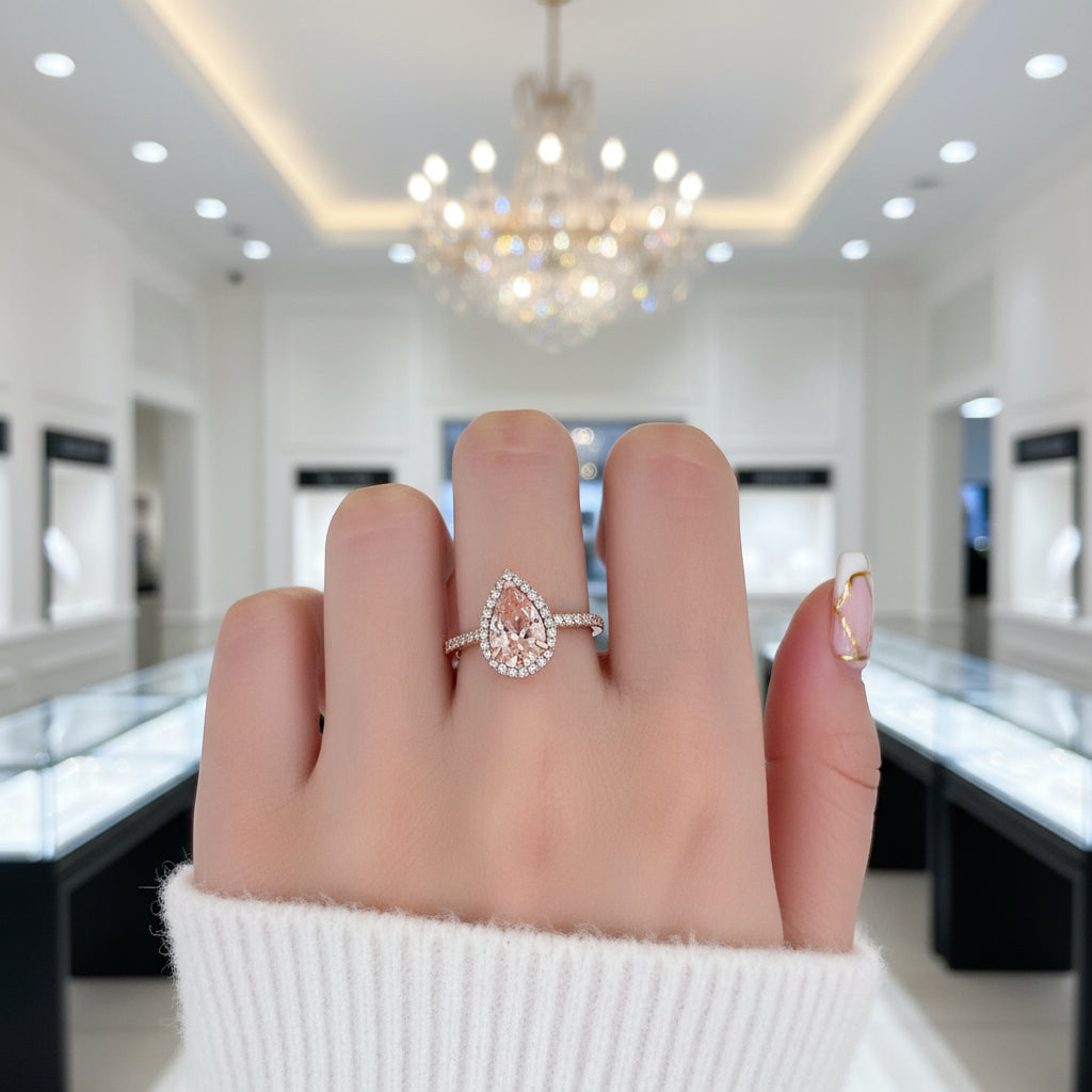 3.0ct Halo Pear Cut Synthetic Morganite Engagement Ring-Black Diamonds New York