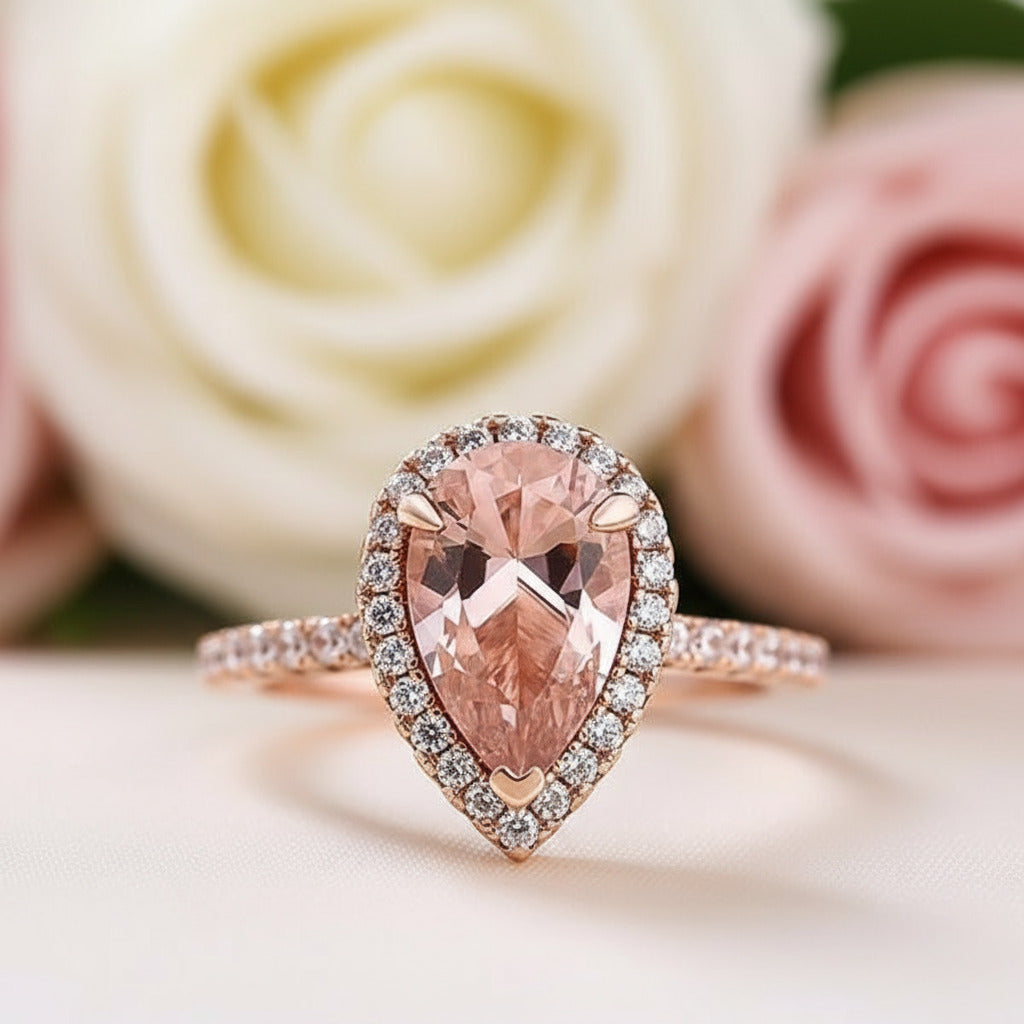 3.0ct Halo Pear Cut Synthetic Morganite Engagement Ring-Black Diamonds New York