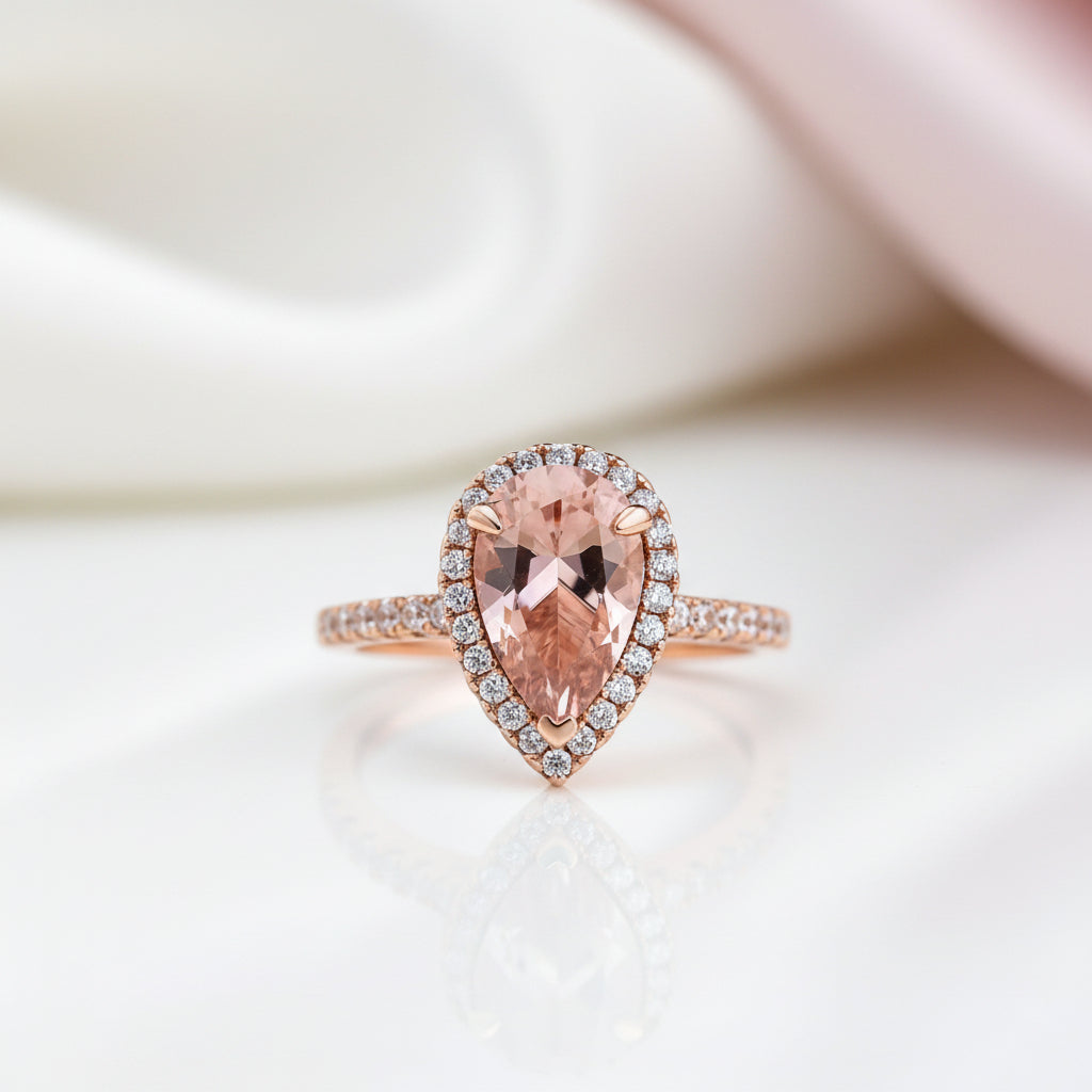 3.0ct Halo Pear Cut Synthetic Morganite Engagement Ring-Black Diamonds New York