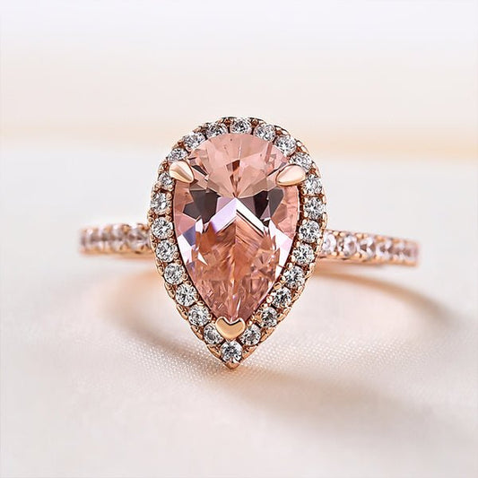 3.0ct Halo Pear Cut Synthetic Morganite Engagement Ring - Black Diamonds New York