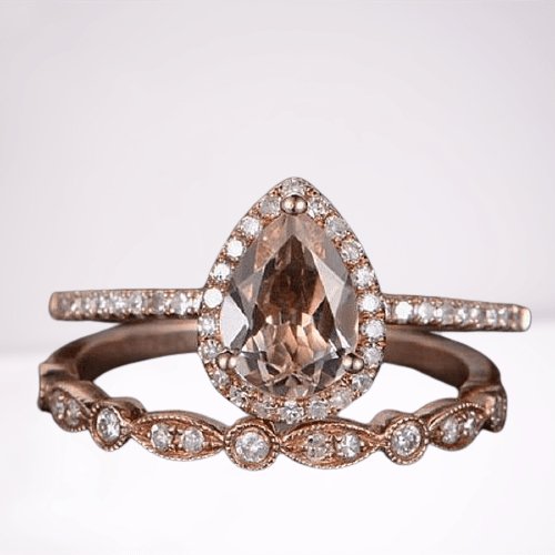 3.0ct Halo Pear Cut Synthetic Morganite Wedding Ring Set - Black Diamonds New York