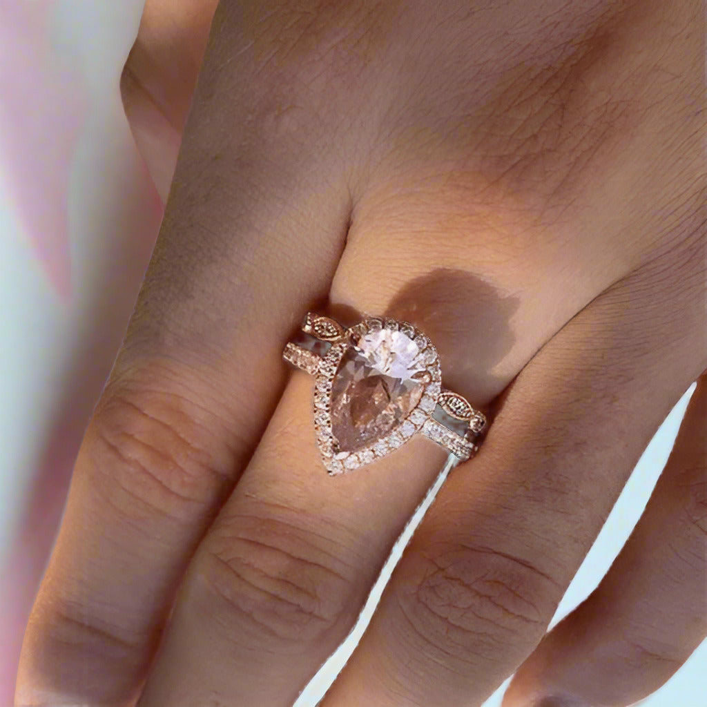 2.2ct Halo Pear Cut Synthetic Morganite Wedding Ring Set-Black Diamonds New York