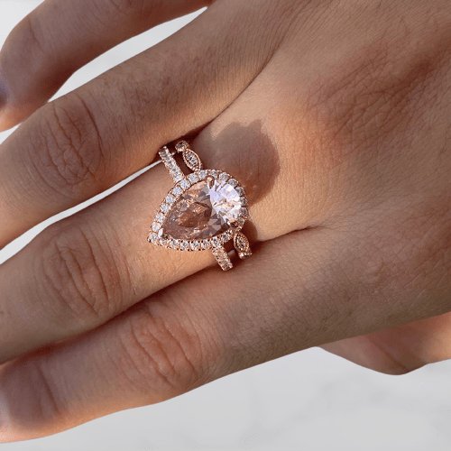 3.0ct Halo Pear Cut Synthetic Morganite Wedding Ring Set-Black Diamonds New York