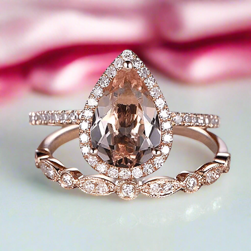 2.2ct Halo Pear Cut Synthetic Morganite Wedding Ring Set-Black Diamonds New York
