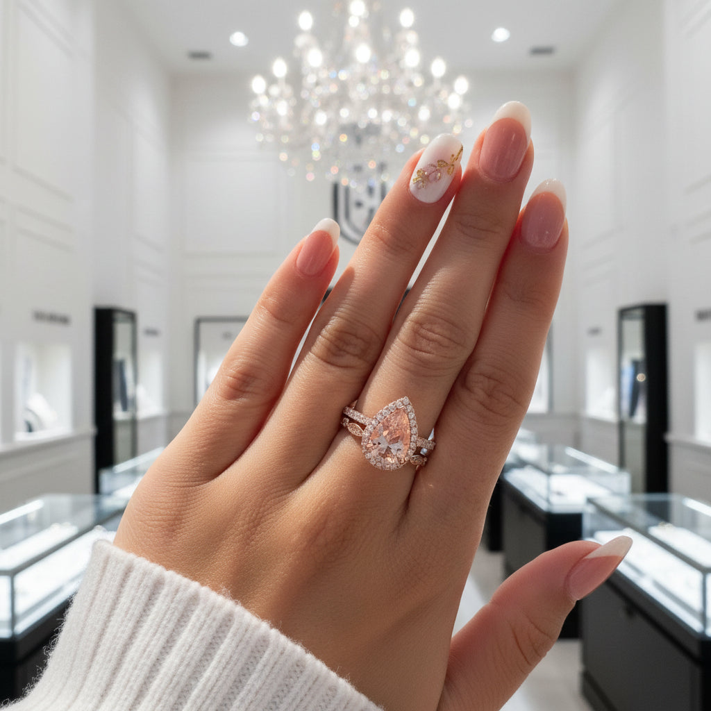 2.2ct Halo Pear Cut Synthetic Morganite Wedding Ring Set-Black Diamonds New York