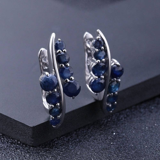 3.0Ct Natural Blue Sapphire Gemstone Earrings-Black Diamonds New York