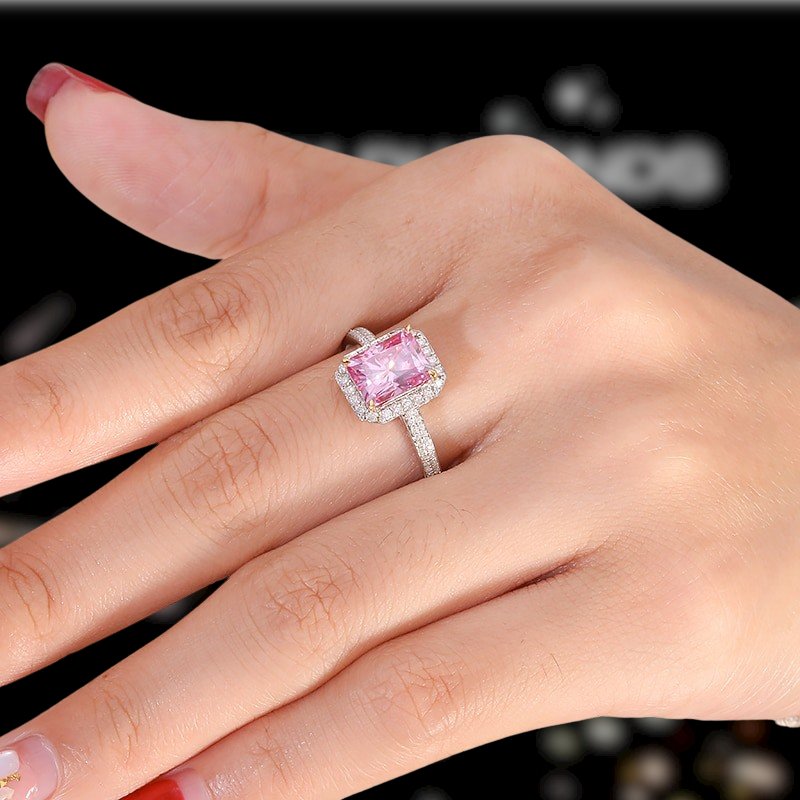 3.0ct Pink Radiant Cut Moissanite Halo Engagement Ring - Black Diamonds New York