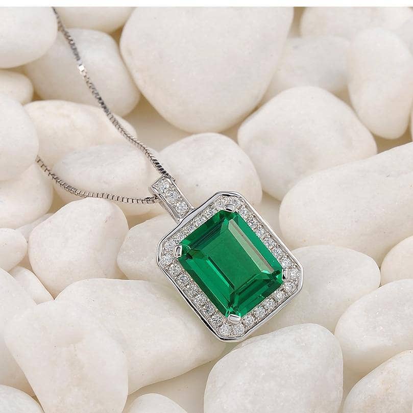 3.1ct Green Emerald with Created Diamond Pendant Necklace-Black Diamonds New York
