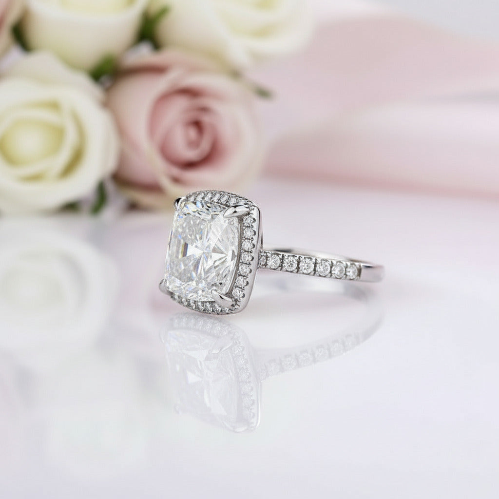 3.2ct Cushion Cut Halo Simulated Diamond Engagement Ring-Black Diamonds New York