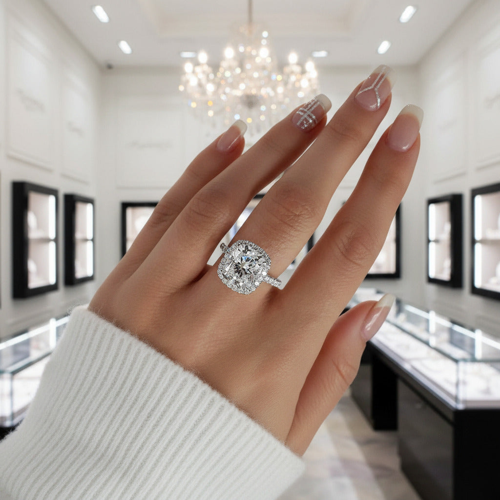 3.2ct Cushion Cut Halo Simulated Diamond Engagement Ring-Black Diamonds New York