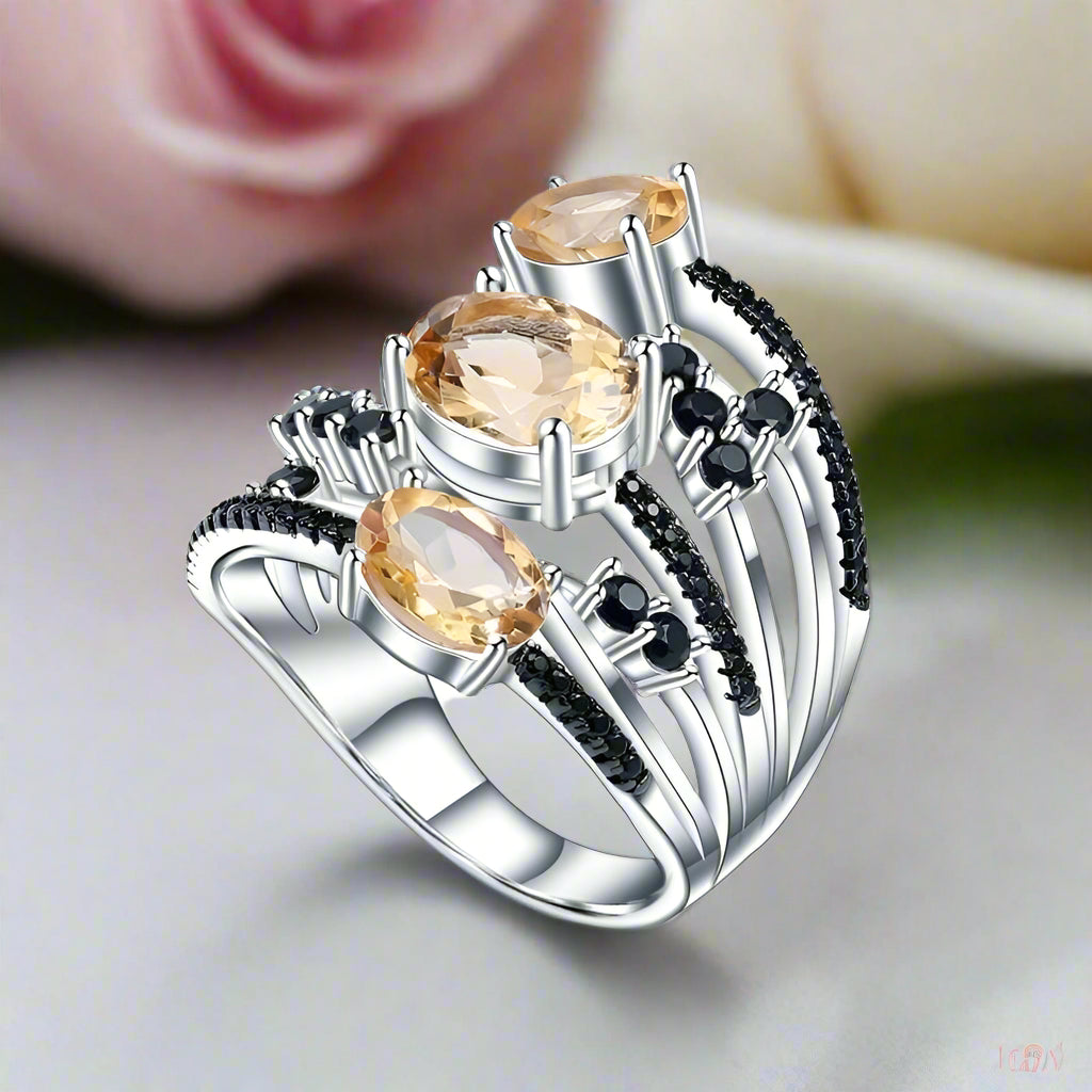 3.42Ct Oval-cut Three Citrine Birthstone Ring-Black Diamonds New York