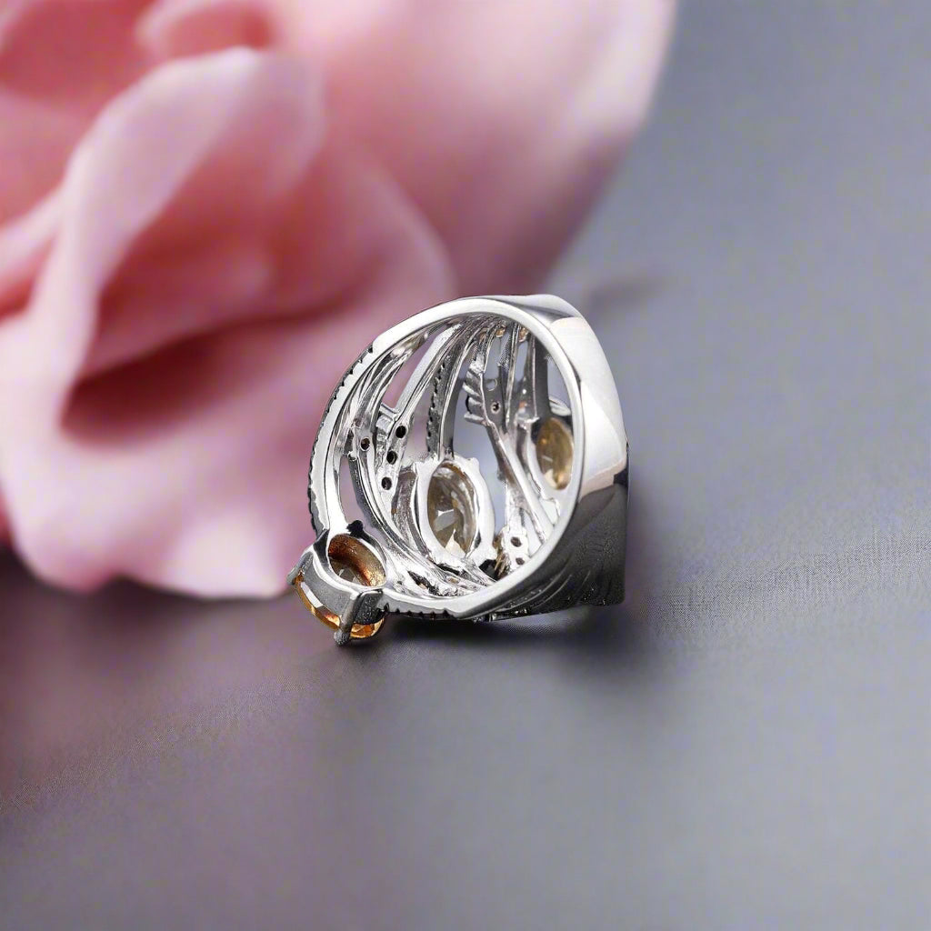 3.42Ct Oval-cut Three Citrine Birthstone Ring-Black Diamonds New York