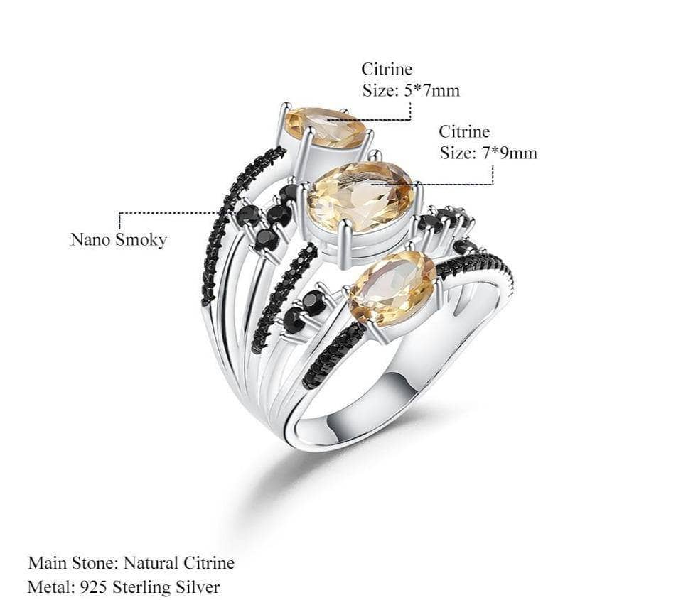 3.42Ct Natural Three Citrine Birthstone Ring-Black Diamonds New York