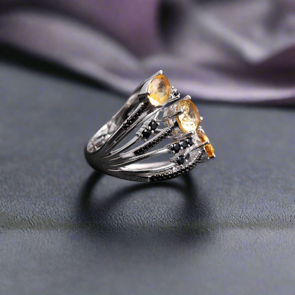 3.42Ct Oval-cut Three Citrine Birthstone Ring-Black Diamonds New York