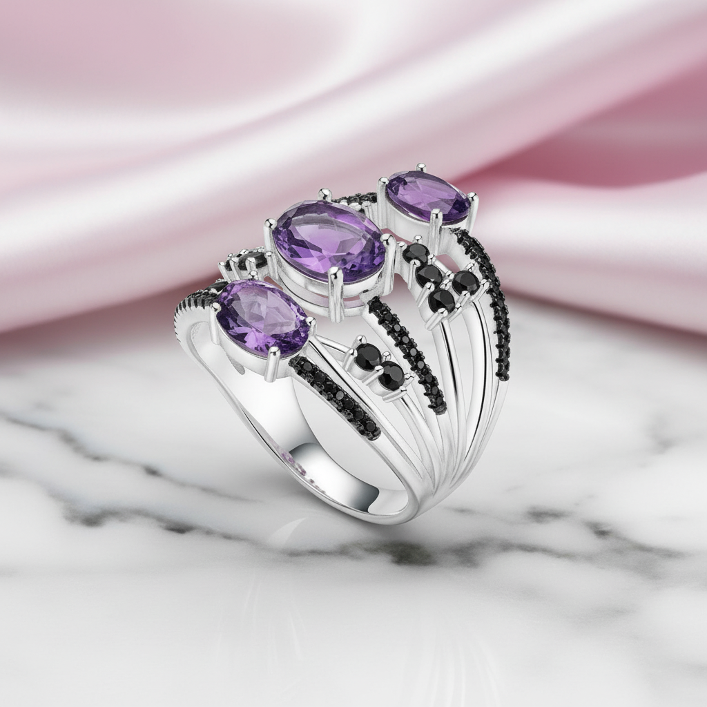 3.42Ct Oval Amethyst Gemstone Ring-Black Diamonds New York