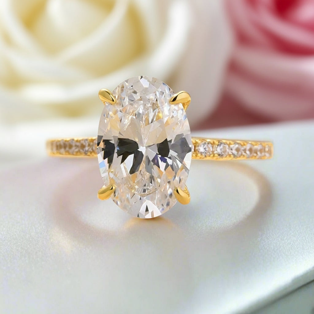 3.5 Carat Classic Oval Cut Yellow Gold Ring Set-Black Diamonds New York