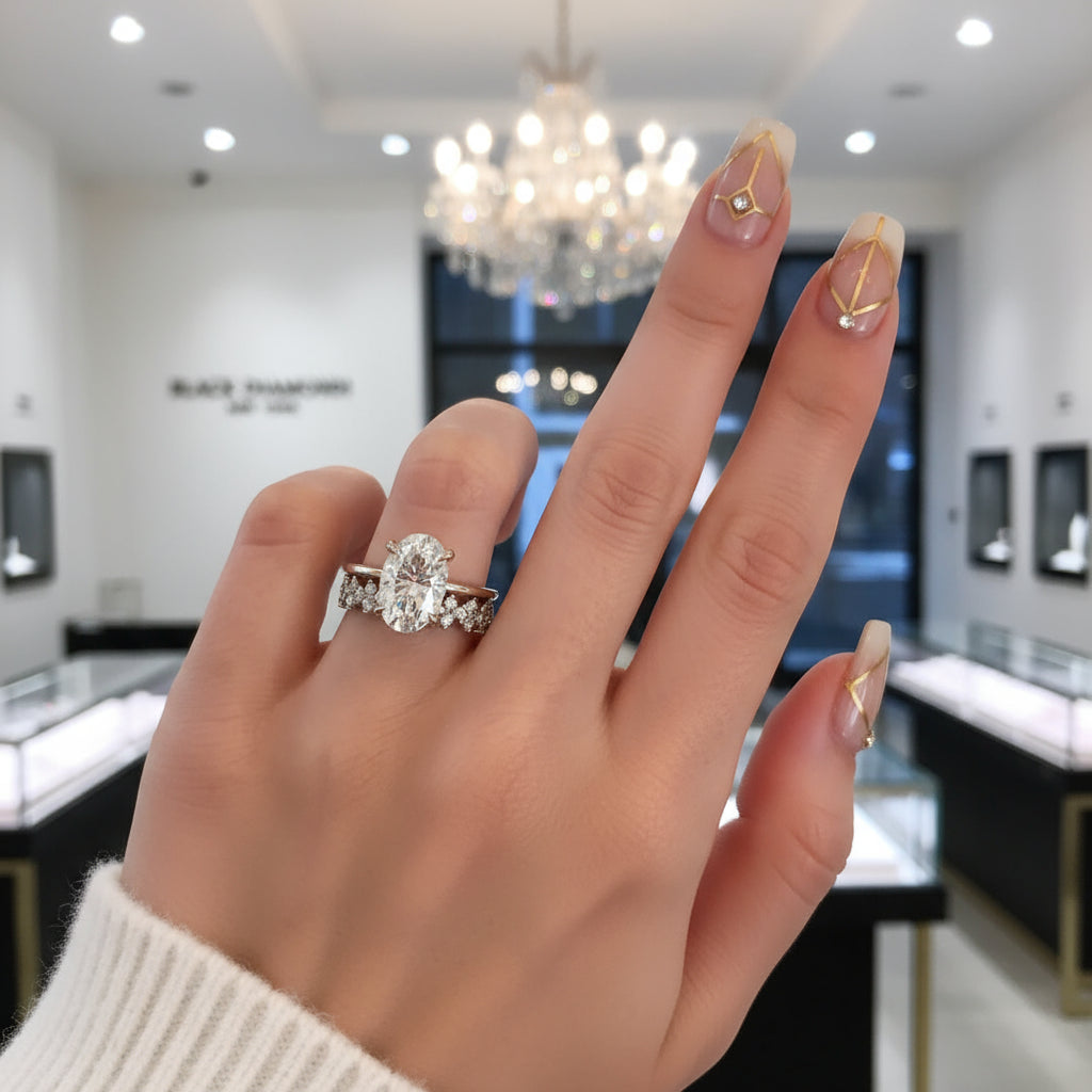 3.5 Carat Oval Cut Yellow Gold Bridal Ring-Black Diamonds New York