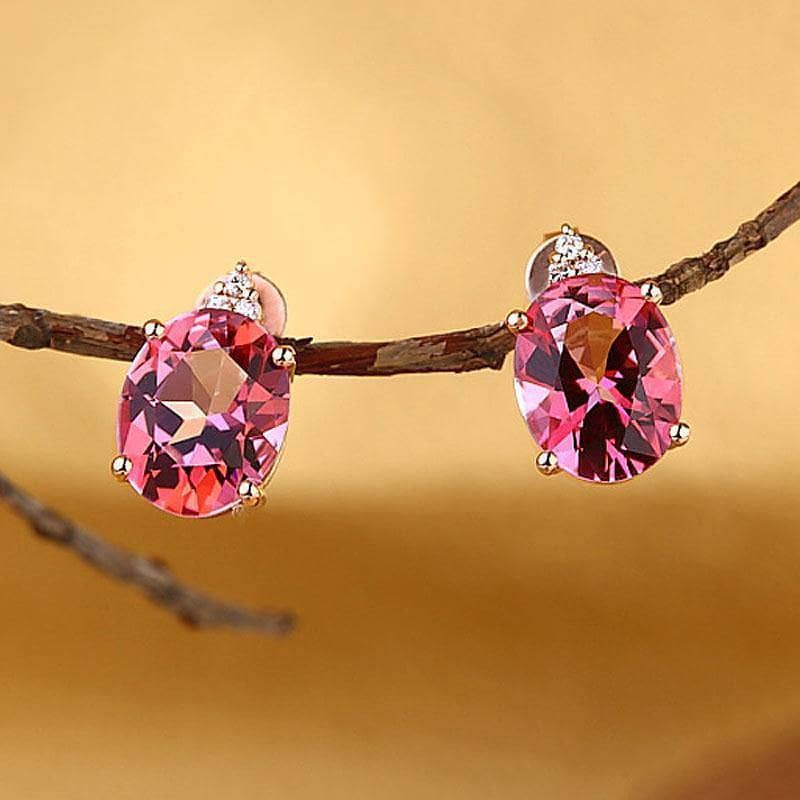 3.5 Ct Oval Pink Topaz with 0.07 Ct Natural Diamonds 14K Rose Gold Earrings - Black Diamonds New York