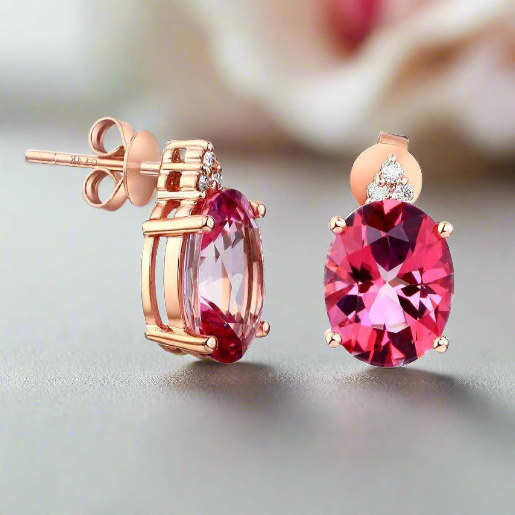 3.5 Ct Oval Pink Topaz with 0.07 Ct Natural Diamonds 14k Rose Gold Earrings-Black Diamonds New York