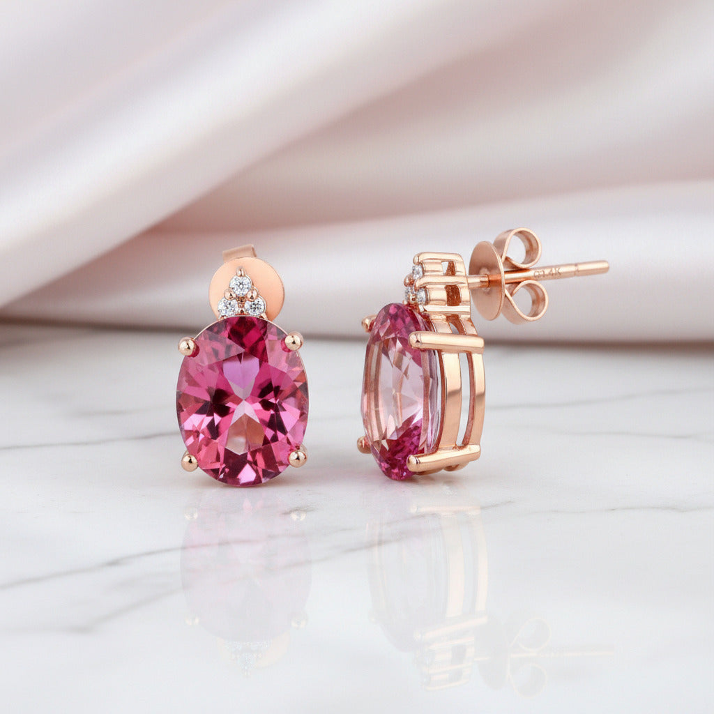3.5 Ct Oval Pink Topaz with 0.07 Ct Diamond Options 14k Rose Gold Earrings-Black Diamonds New York