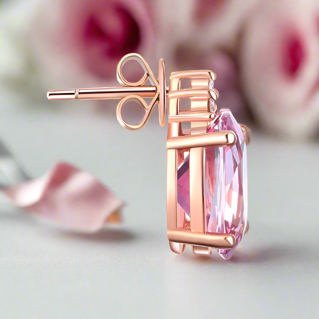 3.5 Ct Oval Pink Topaz with 0.07 Ct Natural Diamonds 14k Rose Gold Earrings-Black Diamonds New York