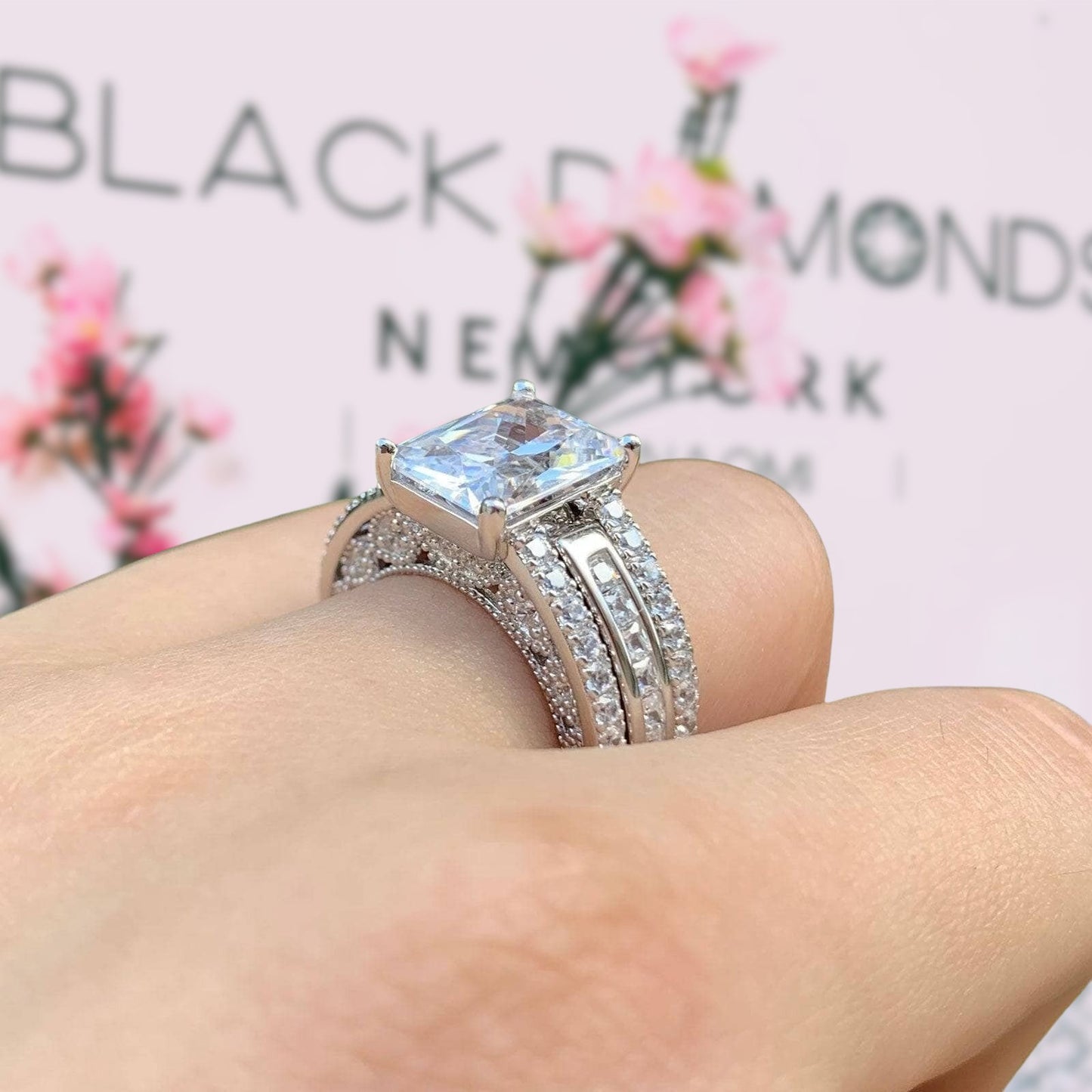 3.5 ct Radiant Cut Created Diamond Wedding Ring Set-Black Diamonds New York