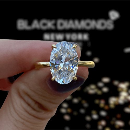 3.50 Carat Oval Cut Solitaire Yellow Gold Engagement Ring - Black Diamonds New York