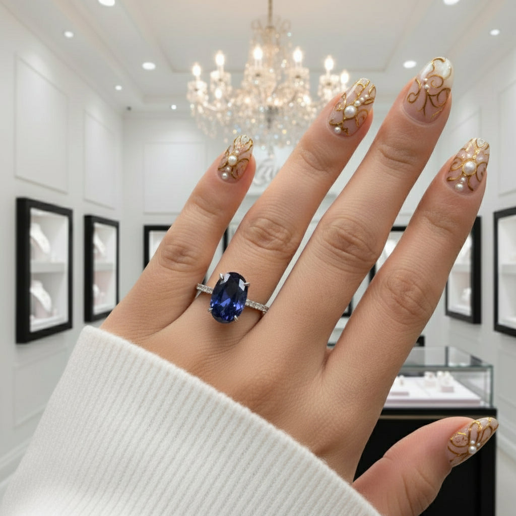 3.5ct Blue Sapphire Oval Cut Diamond Engagement Ring-Black Diamonds New York