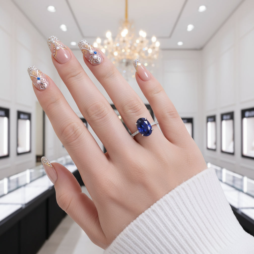 3.5ct Blue Sapphire Oval Cut Diamond Engagement Ring-Black Diamonds New York