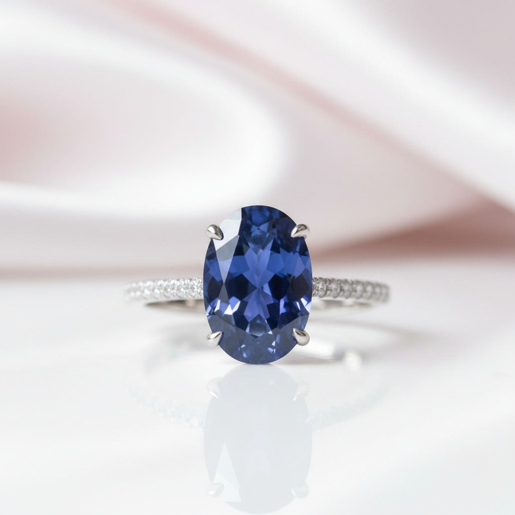 3.5ct Blue Sapphire Oval Cut Diamond Option Engagement Ring-Black Diamonds New York