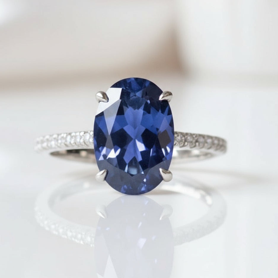 3.5ct Blue Sapphire Oval Cut Diamond Engagement Ring-Black Diamonds New York
