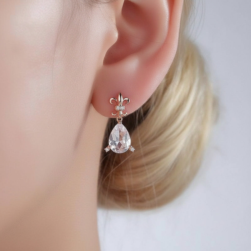3.5ct Clear Pear Topaz 0.07ct Diamond Options 14k Rose Gold Dangle Earrings-Black Diamonds New York