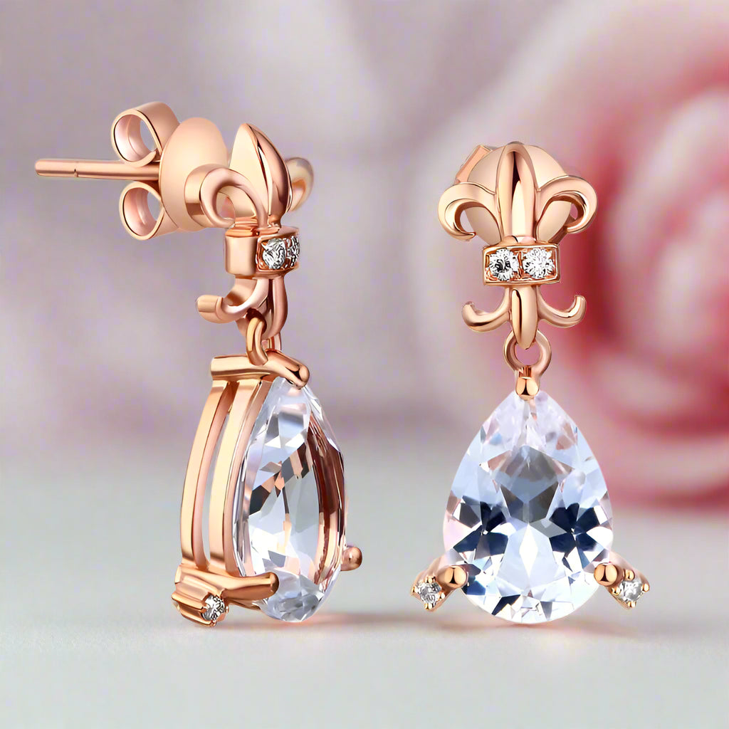 3.5ct Clear Pear Topaz Natural 0.07ct Diamonds 14k Rose Gold Dangle Earrings-Black Diamonds New York