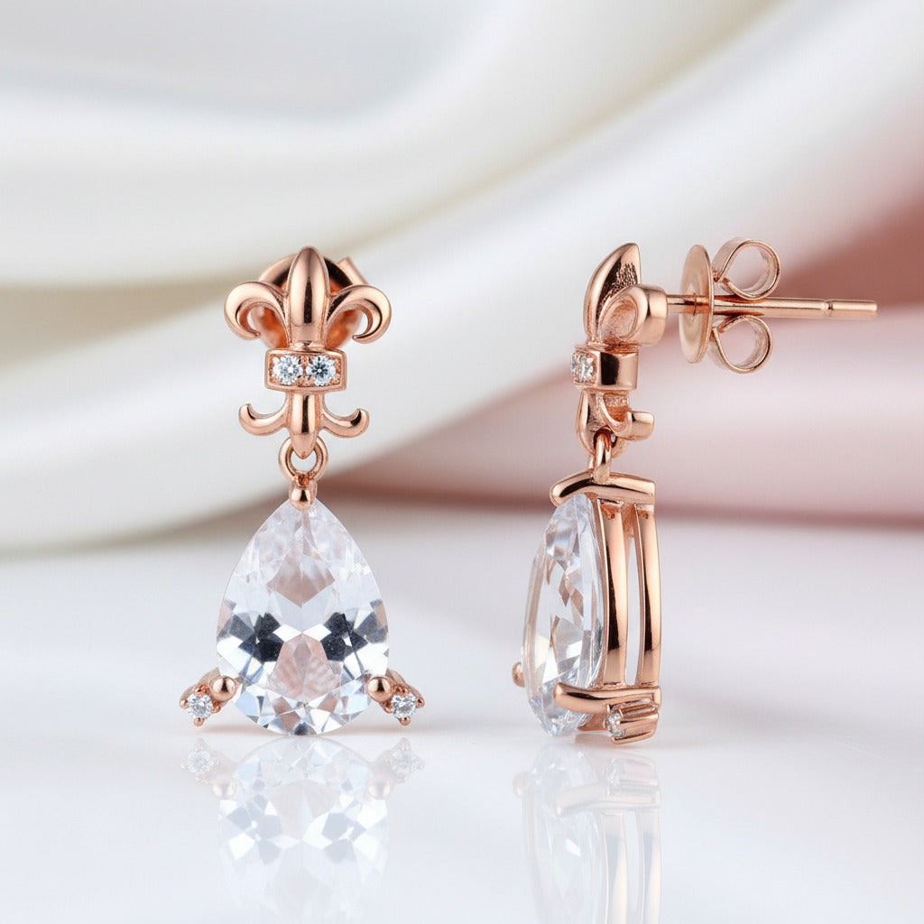 3.5ct Clear Pear Topaz 0.07ct Diamond Options 14k Rose Gold Dangle Earrings-Black Diamonds New York