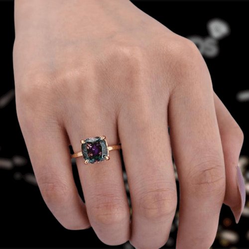 3.5ct Simulated Alexandrite Cushion Cut Engagement Ring from Black
