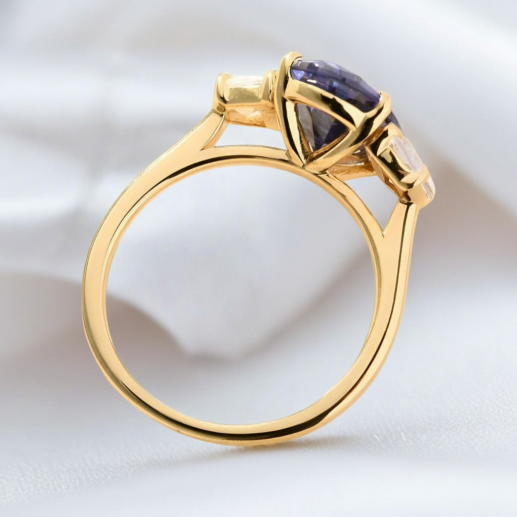 3.5ct Three Stone Blue Sapphire Oval Cut Yellow Gold Engagement Ring-Black Diamonds New York