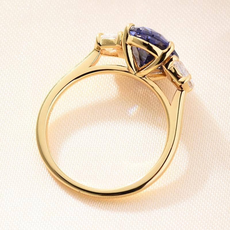 3.5ct Three Stone Simulated Blue Sapphire Oval Cut Yellow Gold Engagement Ring-Black Diamonds New York