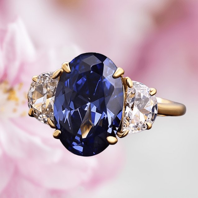 3.5ct Three Stone Simulated Blue Sapphire Oval Cut Yellow Gold Engagement Ring - Black Diamonds New York